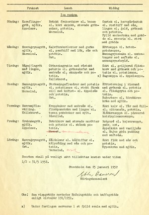 Matsedel från Beckomberga sjukhus 1952, februari till maj