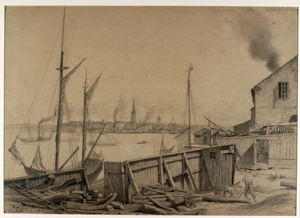 Ludvigsberg 1860. Stockholm från Skinnarviken. Blyertsteckning av Carl Johan Billmark. 
