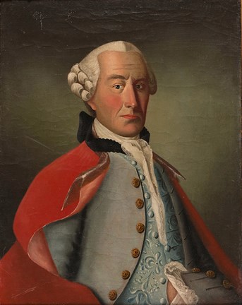 Porträtt av en man med vit peruk, broderad väst, blanka knappar och röd kappa.