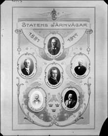 Statens järnvägar 1887-1917. Porträtt av  J.C.A. Lagerqvist, A. A. Andersson, Enoch Cederpalm, J. B. Malmsten, E.H. Karlsson och  J. Wiklund