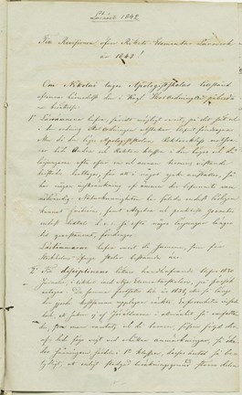 Första sidan av den handskrivna redogörelsen för barnens skolgång i Nikolai lägre Apologistskola och Elementarläroverk i Gamla stan år 1842.