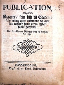 "Publication angående Tiggare, som hijt til staden ifrån andra orter ankommit och eljest här wistas, samt deras afskaffande härifrån" 1731 