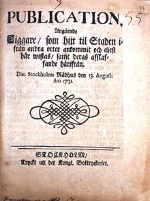 "Publication angående Tiggare, som hijt til staden ifrån andra orter ankommit och eljest här wistas, samt deras afskaffande härifrån" 1731 