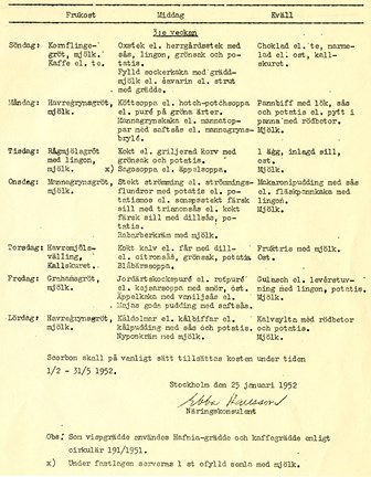 Matsedel från Beckomberga sjukhus 1952 (februari till maj)