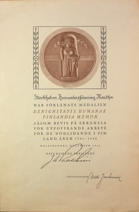 Diplom från Finland till Stockholms husmodersförening