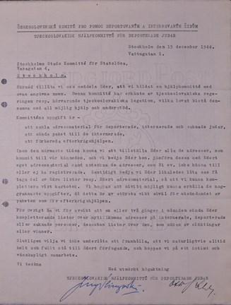 Tjeckoslovakisk hjälpkommitté för deporterade judar skriver till Stockholms stads kommitté för statslösa flyktingar 1944