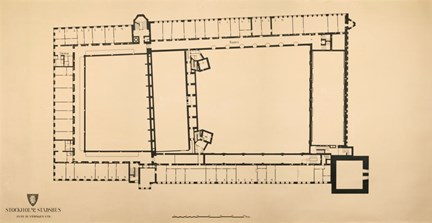  Ritning i stort format av stadshuset, plan av våningen 4 trappor, i tusch på gulnat papper