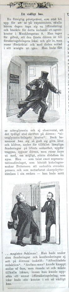 Ett vådligt hus. Notis i Söndags-Nisse – Illustreradt Veckoblad för Skämt, Humor och Satir, nr 34, den 19 augusti 1866