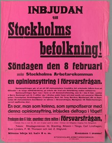 Inbjudan till Stockholms befolkning! [Affisch om motdemonstration till Bondetåget 1914]