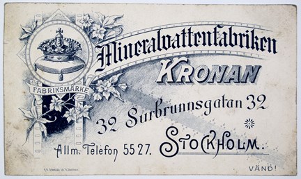 Reklamkort tryckt i svart med text och bild av en krona.