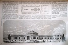 Byggnaden för Industriutställningen i Stockholm 1866. Artikel med karta och stor illustration i Ny Illustrerad Tidning, nr 8 den 24 februari 1866