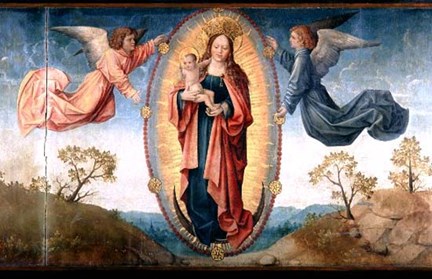 Maria och Jesusbarnet flankerade av två änglar.