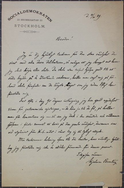 Hjalmar Branting tackar för delikatesserna från fängelsecellen - brev till Dr Nyström 1889