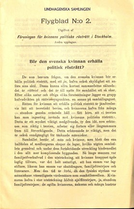 Flygblad från Föreningen för kvinnans politiska rösträtt i Stockholm 1906