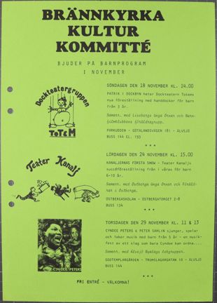 Grönt blad med inbjudan till barnprogram från Brännkyrka kulturkommitté