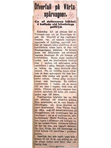 "Öfverfall på Värtaspårvagnen"- artikel Aftonbladet 1912 