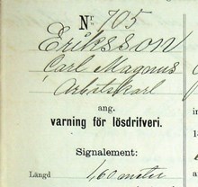 Arbetskarlen Carl Magnus Eriksson, 70, varnad för lösdriveri 12 september 1888 - polisförhör