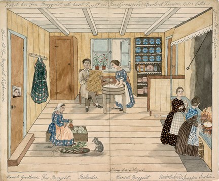 Vardagliga sysslor i ett kök från andra halvan av 1800-talet. 