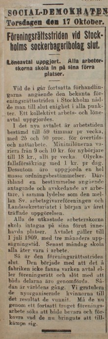 Föreningsrättsstriden vid Stockholms sockerbageri slut - notis i Socialdemokraten 1907