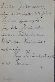 Brev från Erik 10 år till Sällskapet Jultomtarne julen 1910