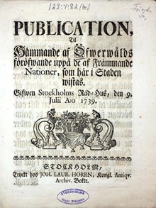 "Publication Til Hämmande af Öfwerwålds föröfwande uppå de af Främmande nationer, som här i Staden wistas" 1739