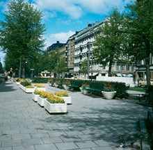 Blomsterlådor och parkbänkar i Karlavägsallén. Vy österifrån mot korsningen av Sibyllegatan. Pressbyråkiosk i bakgrunden