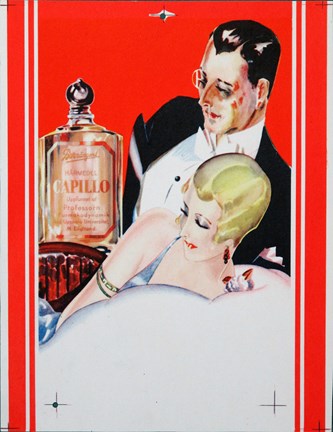 Reklamtryck i flera färger med bild av en man och en kvinna festklädda, flaska med hårmedel.