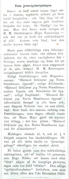 Från jernvägsinvigningen. Notis i Söndags-Nisse – Illustreradt Veckoblad för Skämt, Humor och Satir, nr 39, den 23 september 1866