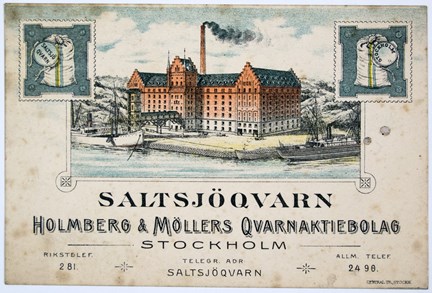 Reklamtryck i flera färger med bild av Saltsjökvarn samt text.