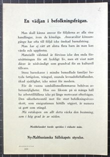 En vädjan i befolkningsfrågan - flygblad 1925
