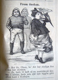 From önskan. Bildskämt om kvinna med kraftiga ben i Söndags-Nisse – Illustreradt Veckoblad för Skämt, Humor och Satir, nr 36, den 8 september 1878