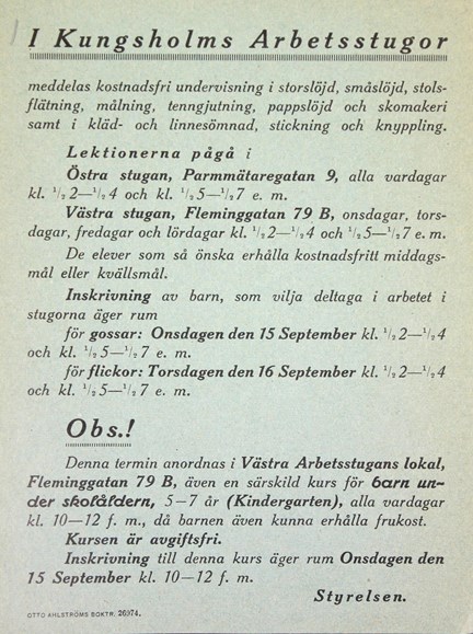 Kungsholms arbetsstuga - schema 1926