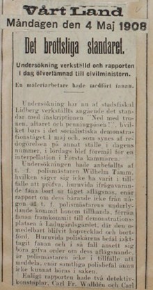 Det brottsliga standaret. En måleriarbetare hade medfört fanan - pressklipp 1908