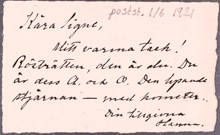Hanna Arpi skriver och tackar Signe Bergman rösträttsåret 1921