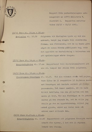 Maskinskriven rapport från en parkvakt i december 1941