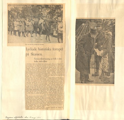 Pressklipp om det historiska festspelet på Skansen den 30 maj 1935