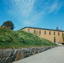 Vy från Narvavägen mot Historiska Museets entréfasad. Grässlänt med växter i förgrunden