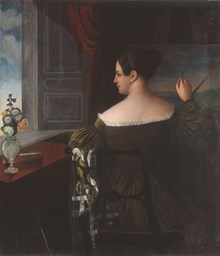Porträtt av målande dam. Damen målar vyn från Rålambshov in mot staden