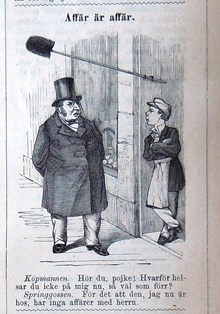 Affär är affär. Bildskämt med köpman och springgosse i Söndags-Nisse – Illustreradt Veckoblad för Skämt, Humor och Satir, nr 38, den 22 september 1878