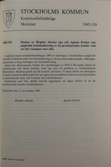 Motion från år 1985 om att kriminalisera de prostituerades kunder som ett led i kampen mot aids