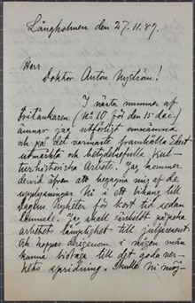 Straffången Lennstrand tror på framgångar i kampen mot kyrkan - brev till Dr Nyström 1889