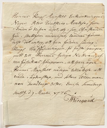 Intyget som berättar om Lovisa Ulrikas godkännande av äktenskap mellan svart man och vit kvinna 1776 