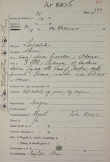 Abram Sapolski, politisk flykting från Odessa passerar Stockholm 1906 - polishandling från utlänningsexpeditionen 