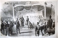 H.M. Drottningen inviger konst- och industri-expositionerna i Stockholm. Litografisk bild Ny Illustrerad Tidning, nr 26 den 30 juni 1866