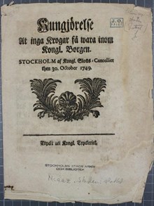 Kongl. Maj:t förbjuder krogverksamhet på Kungliga slottet 1749