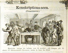Konskriptions-scen. (Framtidsbild). Bildskämt i Söndags-Nisse – Illustreradt Veckoblad för Skämt, Humor och Satir, nr 9, den 4 mars 1866