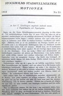 Motion om att Tegnérlunden bör byta namn till Strindbergslunden - stadsfullmäktige 1942