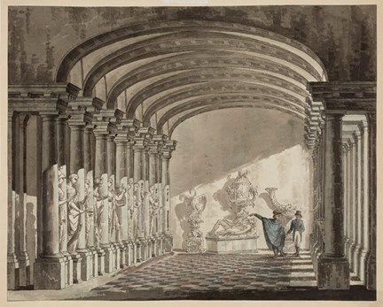 Två män tittar på konsten i antiksamlingen på Slottet, den ena pekar mot skulpturerna