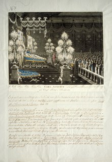 Kronprins Carl August på lit de parade på Stockholms slott, juni 1810.