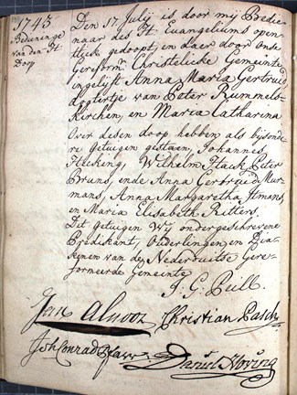 Gammal handskriven text med utdrag från den holländsk-reformerta församlingens födelsebok ifrån sommaren 1743